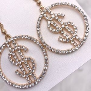 Bling Money Sign Rhinestone Diamond Silver Earrings